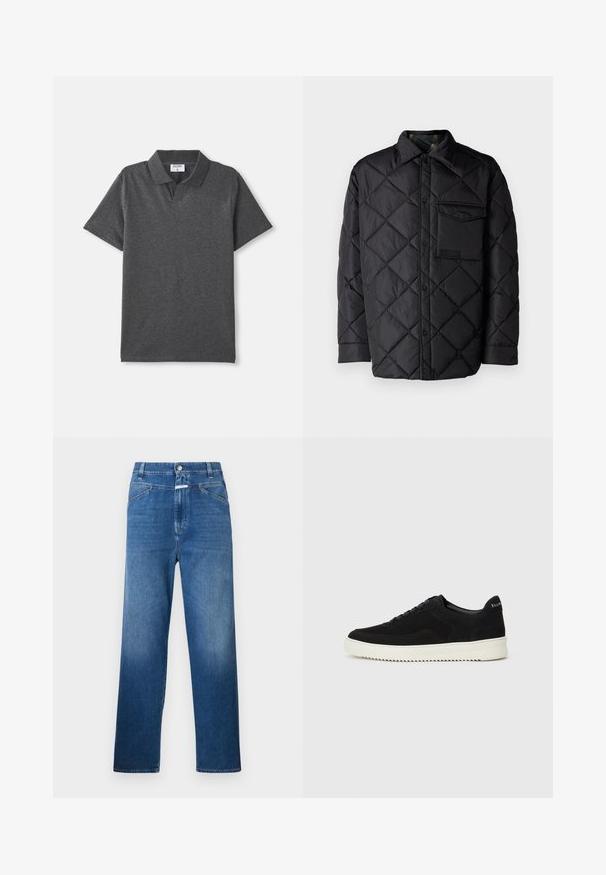 Svart quiltet jakke med diamantmønster, lange ermer, krage og brystlomme. Glatt tekstur og trykknapplukking.; Kullgrå kortermet polo-skjorte med krage og uten synlige knapper, lagt flatt på en hvit bakgrunn.; Blå denim jeans med rette ben, som har knappelukking, belteholdere og subtil falming på lårene.; Svart semsket sneakers med snøring og kontrasterende hvit gummisåle. Har teksturerte sidepaneler og subtil merkevare på hælen.