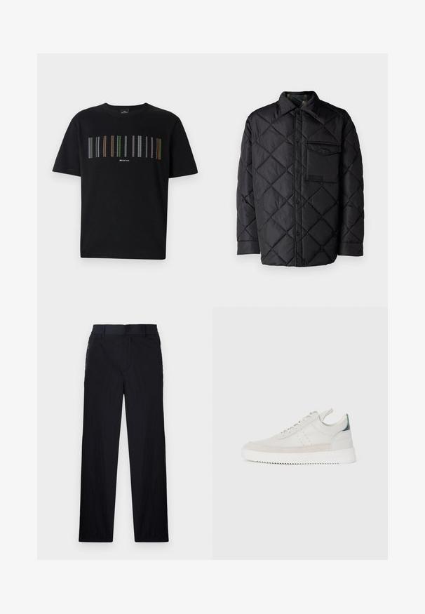 Svart quiltet jakke med diamantmønster, lange ermer, krage og brystlomme. Glatt tekstur og trykknapplukking.; Svart kortermet t-skjorte med flerfargede vertikale striper over brystet og en liten logo nederst. Myk bomullsjakke.; Sorte bukser med lett og teksturert stoff, rett ben-design, elastisk midjebånd og sidelommer med glidelås.; Hvite lær sneakers med grå semsket skinndetaljer, snøring, bånd for å dra opp, og en teksturert gummisåle med en sikksakk-mønster.