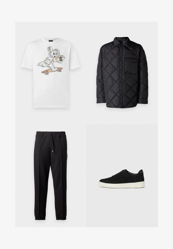 Črna prešita jakna z diamantom, dolgi rokavi, ovratnik in žep na prsih. Gladka tekstura in zapiranje na sponko.; Bela bombažna majica s kratkimi rokavi, ki prikazuje risanega zajca na skejtu, ki drži knjigo. Oblikovanje vključuje pisane akcentne barve in obrobe.; Črne hlače z pasom, vrvico in elastičnimi manšeti. Imajo nabore in gladko teksturirano blago.; Črni semiš teniški copati z vezalkami in kontrastnim belim gumijastim podplatom. Imajo teksturirane stranske panele in subtilno oznako na peti.