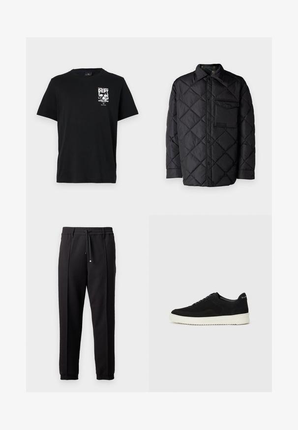 Black quilted jacket with diamond pattern, long sleeves, a collar, and a chest pocket. Smooth texture and snap-button closure.; Black cotton T-shirt with short sleeves, featuring a white graphic print with text and skulls on the left chest. Classic crew neck design.; Black trousers with a waistband, drawstring, and elastic cuffs. Features pleats and a smooth, textured fabric.; Black suede sneaker with lace-up design and contrasting white rubber sole. Features textured side panels and subtle branding on the heel.