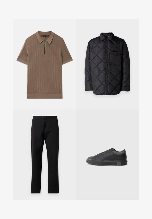 Mustra mustriga mustav tepitud jakk, pika varrukaga, kraega ja rinnakotiga. Sile tekstuur ja nupuklipp.; Pruun soonikki lühikeste varrukatega polo särk, millel on krae ja eespoolne poolelt tõmmatav tõmblukk, märgistatud Michael Kors, suurus medium.; Mustad sirged džinsid, millel on nupp ja lukuga kinni panemine, vöökohad ja eesmine taskud, esitatud valgel taustal.; Musthave mustad nahk sneaker sileda viimistlusega, ümarate varvaste ja tummiste hallide aktsentidega. Omab paeltega kinnitust ja tekstureeritud kummist talla.