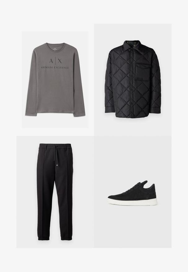 Črna prešita jakna z diamantom, dolgi rokavi, ovratnik in žep na prsih. Gladka tekstura in zapiranje na sponko.; Siva majica s dolgimi rokavi, izdelana iz mehkega materiala, z okroglim izrezom. Na sprednji strani je grafika z napisem "A|X ARMANI EXCHANGE" v temnem tisku.; Črne hlače z pasom, vrvico in elastičnimi manšeti. Imajo nabore in gladko teksturirano blago.; Črne semiš športne copate z belo gumijasto podplatom, ki imajo toneče šive in vezalni dizajn. Gladka tekstura z modernim, poenoteno oblikovano silhueto.