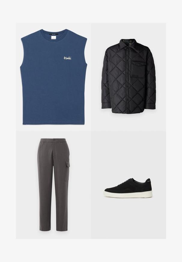 Jachetă neagră matlasată cu model în diamant, mâneci lungi, guler și un buzunar pe piept. Textură netedă și închidere cu capse.; Cămașă din bumbac fără mâneci, de culoare albastră, cu guler rotund. Are un mic logo alb "Ksubi" pe piept. Textură netedă, croială casual.; Pantaloni gri cu o croială confortabilă, realizați dintr-un material fin. Dispune de închidere cu nasture, buzunare laterale și un buzunar tip cargo pe picior.; Adidași negri din suede cu design cu șireturi și talpă din cauciuc alb contrastant. Prezintă panouri laterale texturate și branding subtil pe toc.