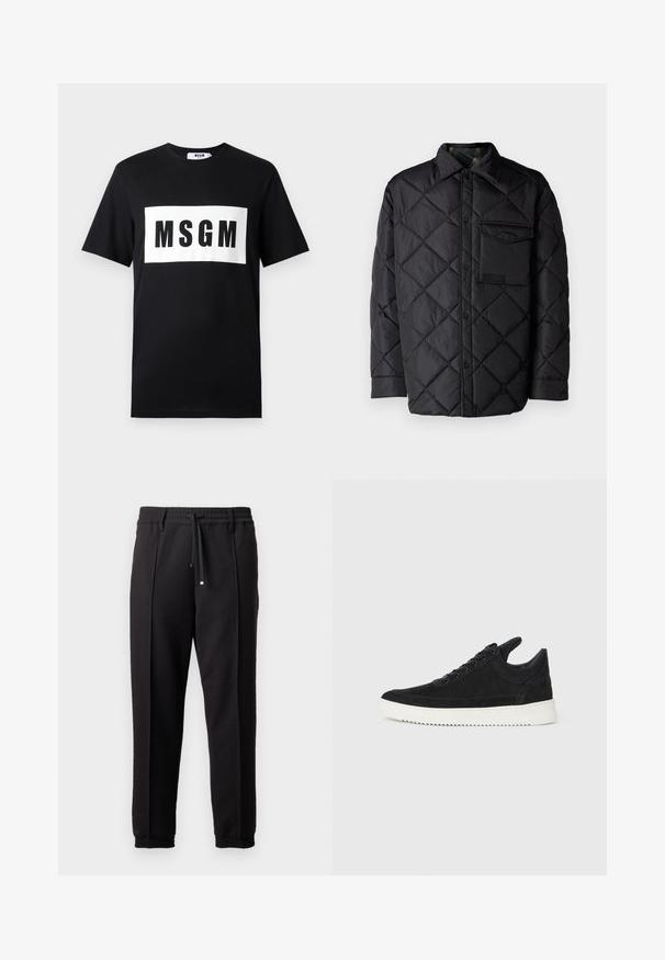 Czarna pikowana kurtka z diamentowym wzorem, długimi rękawami, kołnierzem i kieszenią na piersi. Gładka tekstura i zapięcie na napy.; Czarna bawełniana koszulka z krótkim rękawem, z białym prostokątnym logo z napisem "MSGM" wytłoczonym czarnymi literami na przodzie.; Czarne spodnie z pasem, sznurkiem do regulacji i elastycznymi mankietami. Posiadają kanty oraz gładki, teksturowany materiał.; Czarne zamszowe sneakersy z białą gumową podeszwą, z tonalnym przeszyciem i sznurowanym zapięciem. Gładka tekstura, nowoczesny, smukły kształt.