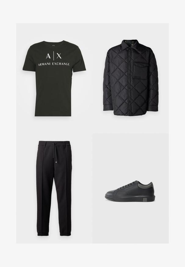 Črna prešita jakna z diamantom, dolgi rokavi, ovratnik in žep na prsih. Gladka tekstura in zapiranje na sponko.; Črna majica s kratkimi rokavi in krojem s prostim rezom, izdelana iz bombaža, z belim logotipom "A|X ARMANI EXCHANGE".; Črne hlače z pasom, vrvico in elastičnimi manšeti. Imajo nabore in gladko teksturirano blago.; Črne usnjene teniske s gladko površino, zaobljenim prstom in temno sivo akcenti. Imajo sistem vezanja in teksturiran gumijast podplat.