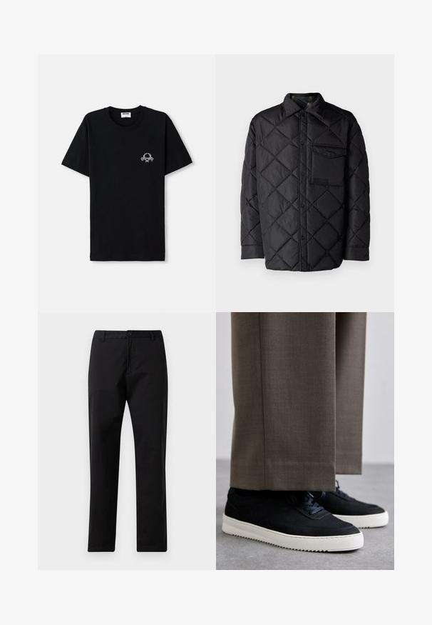 Črna prešita jakna z diamantom, dolgi rokavi, ovratnik in žep na prsih. Gladka tekstura in zapiranje na sponko.; Črna bombažna majica s kratkimi rokavi in okroglo ovratnikom. Ima majhen bel grafični motiv na prsih. Kratki rokavi in ravno rob.; Črne trdne hlače z ravnimi nogami, z gumbom in zadrgo, z luknjami za pas in sprednjimi žepi, prikazane na belem ozadju.; Črne nubuk teniske z belimi gumijastimi podplati, ki imajo zaobljen nos in vezalke, oblečene z sivimi krojenimi hlačami.