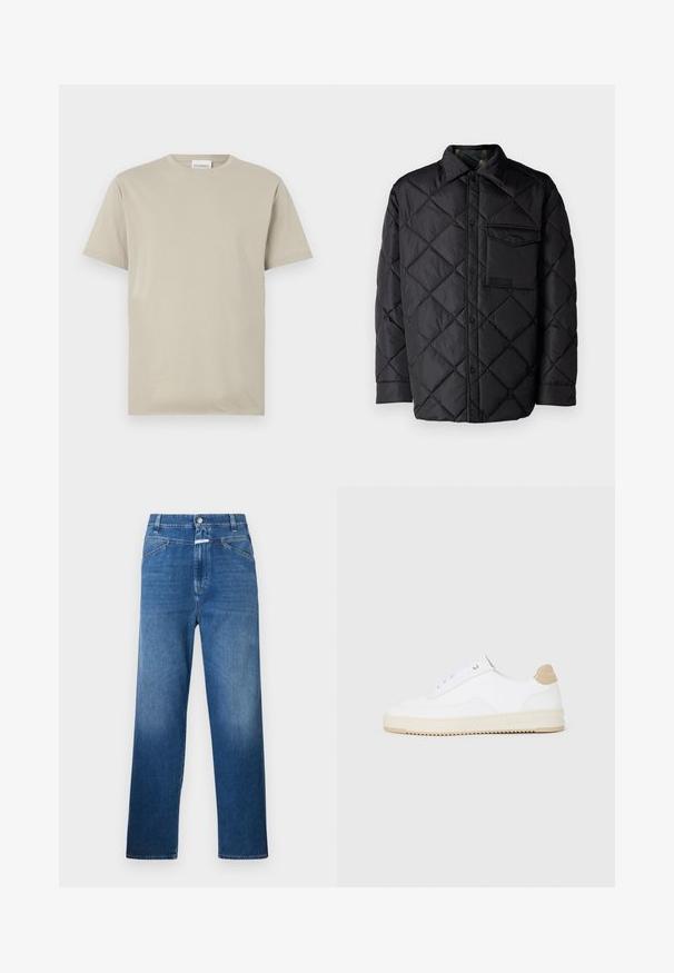 Schwarze gesteppte Jacke mit Diamantmuster, langen Ärmeln, Kragen und einer Brusttasche. Glatte Textur und Druckknopfverschluss.; Beige Baumwoll-T-Shirt, kurze Ärmel, Rundhalsausschnitt, einfarbig ohne Muster, lockere Passform, mit einem Etikett mit der Aufschrift "CLOSED" am Ausschnitt.; Blaue Denim-Jeans mit geradem Bein, ausgestattet mit einem Knopfverschluss, Gürtelschlaufen und dezenten Ausbleichungen an den Oberschenkeln.; Weiße Low-Top-Sneaker mit einem strukturierten Lederobermaterial, cremefarbener, geriffelter Sohle und einem braunen Akzent an der Ferse. Mit weißen Schnürsenkeln und Logodetail an der Ferse.