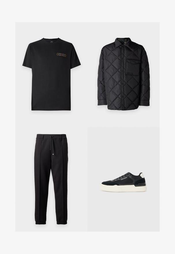 Schwarze gesteppte Jacke mit Diamantmuster, langen Ärmeln, Kragen und einer Brusttasche. Glatte Textur und Druckknopfverschluss.; Schwarzes Baumwoll-T-Shirt mit Rundhalsausschnitt und kurzen Ärmeln. Mit einem bunten Grafikdesign von überlappenden Ringen auf der linken Brust.; Schwarze Hose mit einem Bund, Kordelzug und elastischen Bündchen. Sie verfügt über Plissees und einen glatten, strukturierten Stoff.; Schwarze Sneaker aus Mesh und Leder, mit einer dicken weißen Sohle und kontrastierenden Akzenten. Schnürsenkel und Logo-Details an der Seite.