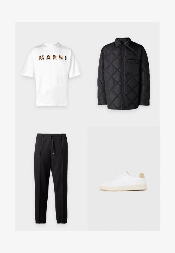 Svart quiltet jakke med diamantmønster, lange ermer, krage og brystlomme. Glatt tekstur og trykknapplukking.; Marni T-shirts med print - white; Sorte bukser med liv, snor og elastiske mansjetter. Har plisséer og et glatt, teksturert stoff.; Hvite lave sneakers med overdel i teksturert skinn, kremfarget såle med ribber og en brunt fargeklatt på hælen. Har hvite lisser og logodetalj på hælen.