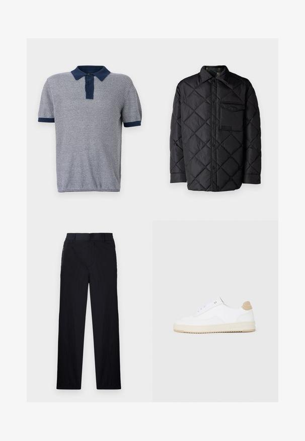 Mustra mustriga mustav tepitud jakk, pika varrukaga, kraega ja rinnakotiga. Sile tekstuur ja nupuklipp.; Raiuga polo särk tumesinises ja valges, millel on ühtlane tumesinine krae ja kolme nupuga sulgemine, lühikesed varrukad ribitud mansettidega.; Mustad püksid, millel on kerge, tekstuuriga kangas, sirge jala disain, elastne vöökoht ja küljetaskud sipsiga.; Valged madala varsaga tennisetooted, mille pealmine on tekstuuriga nahast, kreemja soonikuga tald ja pruuni tooni kand. Omab valgeid paelu ja logodetaile kanna peal.