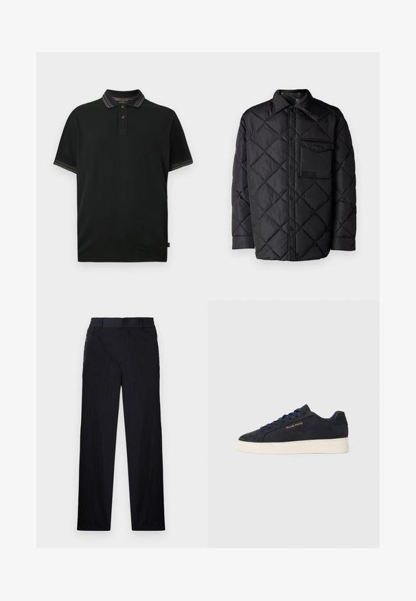Svart quiltet jakke med diamantmønster, lange ermer, krage og brystlomme. Glatt tekstur og trykknapplukking.; Svart polo-skjorte med to knapper, med flerfarget stripete kant på kragen og ermeåpningene, vist på hvit bakgrunn.; Sorte bukser med lett og teksturert stoff, rett ben-design, elastisk midjebånd og sidelommer med glidelås.; Marineblå ankelhøyde sneakers i semsket skinn med hvit såle, marineblå snøringer, og "Filling Pieces"-logo i gull på siden.