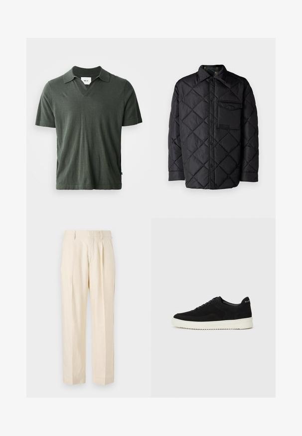 Svart quiltet jakke med diamantmønster, lange ermer, krage og brystlomme. Glatt tekstur og trykknapplukking.; Mørk grønn kortermet polo-skjorte med V-hals, laget av myk stoff, med rett kant og sidesplitter for komfort.; NN.07 KAY - Bukse - off white; Svart semsket sneakers med snøring og kontrasterende hvit gummisåle. Har teksturerte sidepaneler og subtil merkevare på hælen.