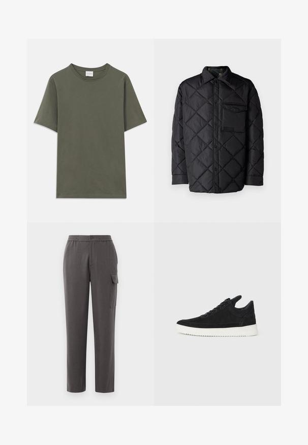 Svart quiltet jakke med diamantmønster, lange ermer, krage og brystlomme. Glatt tekstur og trykknapplukking.; En ensfarget, mørk olivengrønn t-skjorte med kort erme og rund hals, med et lite hvitt merke på baksiden av nakken.; Grå bukser med avslappet passform, laget av et glatt stoff. Har knappelukking, sidelommer og en cargo-lomme på benet.; Sorte semskede sneakers med hvit gummisåle, med tonale sømmer og snøring. Glatt tekstur med en moderne, strømlinjeformet form.