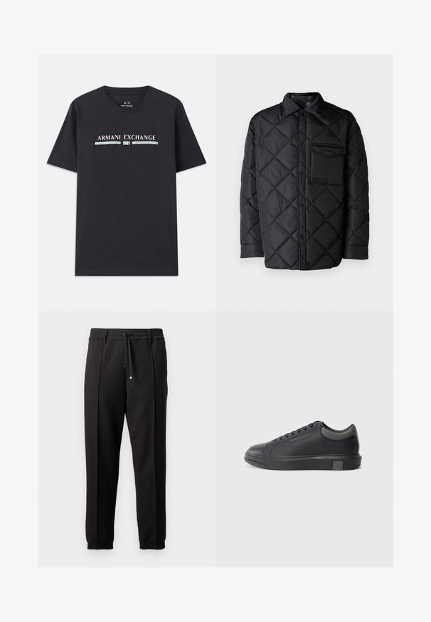 Črna prešita jakna z diamantom, dolgi rokavi, ovratnik in žep na prsih. Gladka tekstura in zapiranje na sponko.; Črna bombažna majica s kratkimi rokavi, ki na prsih prikazuje logo "Armani Exchange" in leto "1991" v beli in svetlo modri barvi. Ima okroglo izreza.; Črne hlače z pasom, vrvico in elastičnimi manšeti. Imajo nabore in gladko teksturirano blago.; Črne usnjene teniske s gladko površino, zaobljenim prstom in temno sivo akcenti. Imajo sistem vezanja in teksturiran gumijast podplat.