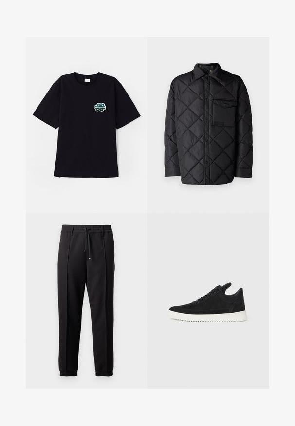 Black quilted jacket with diamond pattern, long sleeves, a collar, and a chest pocket. Smooth texture and snap-button closure.; Black cotton t-shirt with short sleeves and round neck. Features a green embroidered logo on the left chest area. Straight hemline.; Black trousers with a waistband, drawstring, and elastic cuffs. Features pleats and a smooth, textured fabric.; Black suede sneaker with a white rubber sole, featuring tonal stitching and lace-up design. Smooth texture with a modern, streamlined shape.