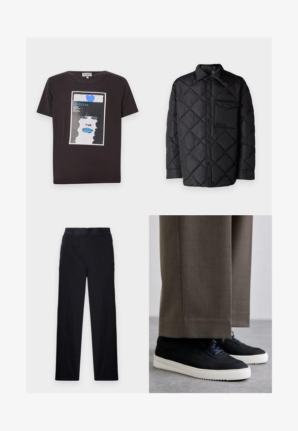 Fekete steppelt dzseki gyémántmintával, hosszú ujjak, gallér és mellzseb. Simaság jellemzi és patentos záródású.; Fekete pamut póló, amelyen egy női arc grafikai terve látható kék ajkakkal, nagy kék szemekkel és szívvel, fehér téglalap keretezésében.; Fekete nadrág könnyű, textúrált anyagból, egyenes szárú kialakítással, rugalmas derékpánttal és oldalsó cipzáras zsebekkel.; Fekete velúr sportcipők fehér gumitalppal, kerek orrú, fűzős kialakítással, szürke, szabott nadrággal párosítva.