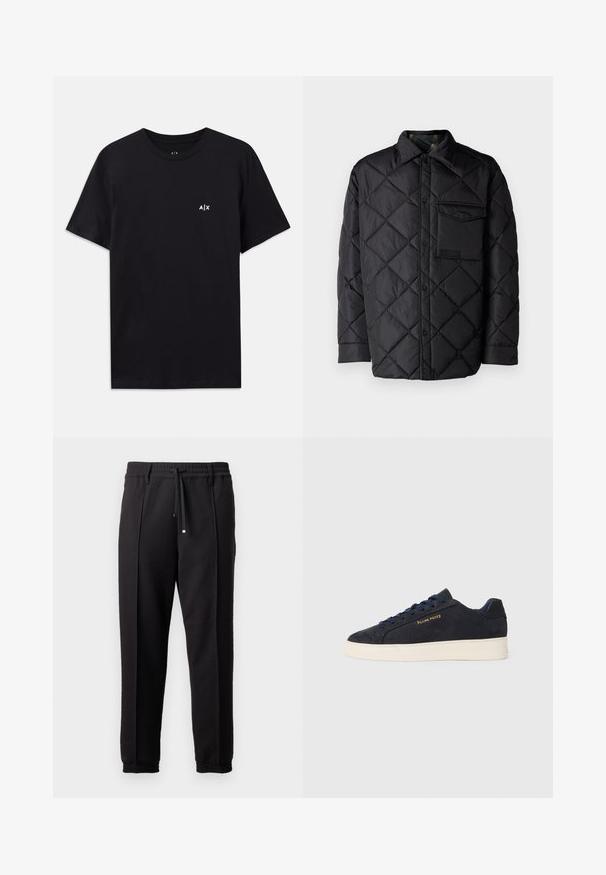 Črna prešita jakna z diamantom, dolgi rokavi, ovratnik in žep na prsih. Gladka tekstura in zapiranje na sponko.; Črna bombažna majica s kratkimi rokavi, okroglo izrezana, z majhnim belim logotipom "A|X" na levi strani prsnega dela. Gladka tekstura.; Črne hlače z pasom, vrvico in elastičnimi manšeti. Imajo nabore in gladko teksturirano blago.; Mornarsko modre semiš nizke superge z belim podplatom, mornarskimi vezalkami in z zlatim logotipom "Filling Pieces" na strani.