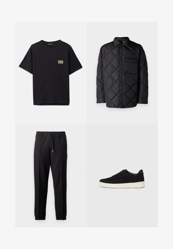 Black quilted jacket with diamond pattern, long sleeves, a collar, and a chest pocket. Smooth texture and snap-button closure.; Black cotton t-shirt with short sleeves, featuring a small rectangular gold texture patch with "MK" logo on the left chest area.; Black trousers with a waistband, drawstring, and elastic cuffs. Features pleats and a smooth, textured fabric.; Black suede sneaker with lace-up design and contrasting white rubber sole. Features textured side panels and subtle branding on the heel.