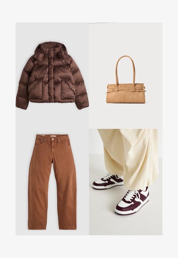 Brun puffjakke med høy krage, trykknapper og to frontlommer. Laget av glatt, quiltet stoff med en cropped design.; Hvit grafisk t-skjorte med en svart fransk bulldog som har solbriller og et hjerteformet halskjede, med trykt tekst og design detaljer.; Rostbrune rett-skaftede jeans med front- og baklommer, metallnitter, knappeåpning og beltehemper, lagt flatt på en hvit bakgrunn.; ONLY SHOES ONLSWIFT - Joggesko - white/dark red; Brun semsket skinnhåndveske med to lange håndtak, rektangulær form og dekorativ søm. Har en side stropp og subtile gullhardware-detaljer.