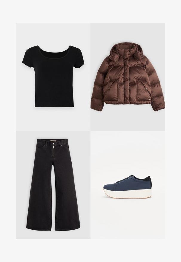 Barna pufferszövet kabát magas gallérral, pattintós gombokkal és két elülső zsebbel. Fényes, steppelt anyagból készült, rövidített fazonnal.; Fekete, rövid ujjú póló széles kerek nyakkivágással, puha, rugalmas anyagból készült, testhezálló fazonnal és további minták nélkül.; Fekete denim széles szárú farmer, cipzáros elejével, öt zsebes kialakítással és diszkrét varrással. Sima textúra és laza stílus.; Sötétkék sportcipő, texturált szövet felsőrész, fehér platform talp, lekerekített orr és fekete sarok akcentussal. Hat fűzőlyuk található rajta.