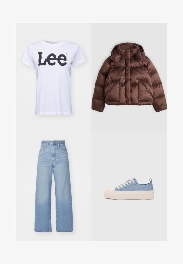 Chaqueta de plumón marrón con cuello alto, botones a presión y dos bolsillos frontales. Hecha de un tejido brillante acolchado con un diseño corto.; Camiseta de algodón blanca con cuello redondo, mangas cortas y un gran logotipo negro de "Lee" impreso en la parte frontal. Textura suave, corte estándar.; Jeans de tiro alto y pernera ancha en azul claro, con cierre frontal de botón y cremallera, y bolsillos delantero y trasero, sobre un fondo blanco.; Zapatillas de lona azul claro con una puntera y suela de goma crema, que cuentan con cordones blancos y una lengüeta en el talón.