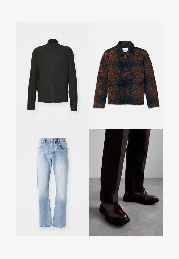 Wollmischung Jacke mit Kragen, ausgestattet mit einem mehrfarbigen Muster in Dunkelblau, Orange und Braun. Vorderer Reißverschluss und Seitentaschen.; Dunkelgrauer gestrickter Pullover mit Reißverschluss, hohem Kragen, langen Ärmeln sowie gerippten Bündchen und Saum. Strukturierter, mittelstarker Stoff.; Weißes Baumwoll-Top ohne Ärmel mit rundem Ausschnitt, ausgestattet mit einer glatten Textur und einer figurbetonten Form, ideal für die Freizeit.; Helle blaue Jeans mit geradem Schnitt. Verfügt über ein Fünf-Taschen-Design, einen Knopfverschluss und eine ausgewaschene Textur zum unteren Bereich hin.; Braune Leder Schnürschuhe mit glänzender Oberfläche, schwarzer Gummisohle und dezenten Nähten. Getragen mit braunen Angabenhosen mit Nadelstreifen.
