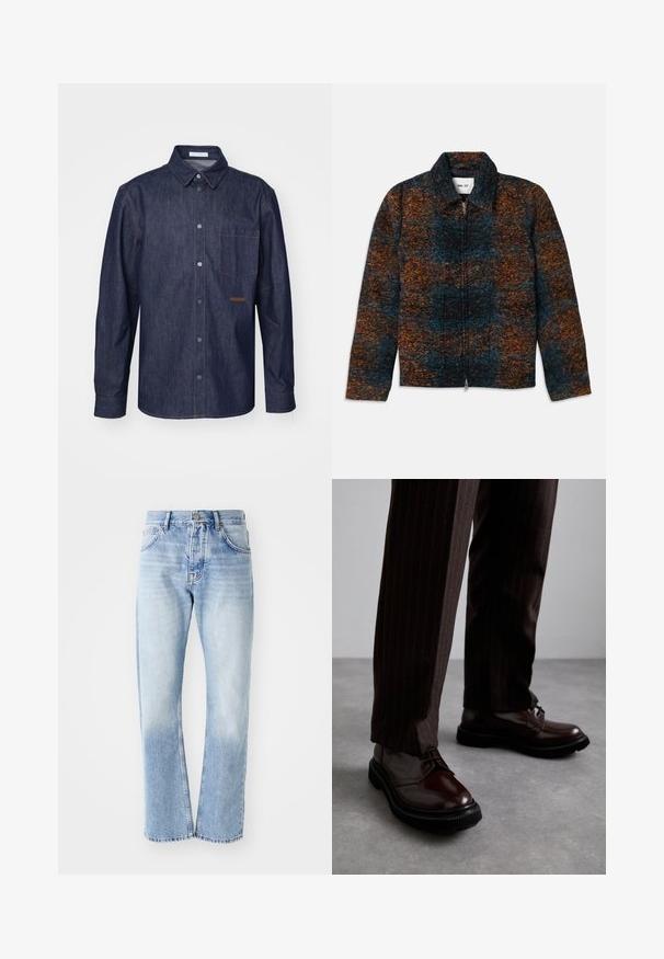 Wool blend jacket with a collar, featuring a multicolored pattern of dark blue, orange, and brown. Front zip closure and side pockets.; Blue to black ombre sweatshirt, crew neckline, long sleeves, soft fabric, ribbed cuffs and hem, minimalistic design without patterns or accents.; Dark denim shirt featuring a button-up front, pointed collar, single chest pocket, and contrasting stitching details.; White cotton sleeveless tank top with a round neckline, featuring a smooth texture and a fitting shape, designed for casual wear.; Light blue denim jeans with a straight-leg cut. Features a five-pocket design, button fly, and faded texture towards the bottom.; Brown leather lace-up shoes with a glossy finish, black rubber sole, and subtle stitching. Worn with pinstriped brown trousers.