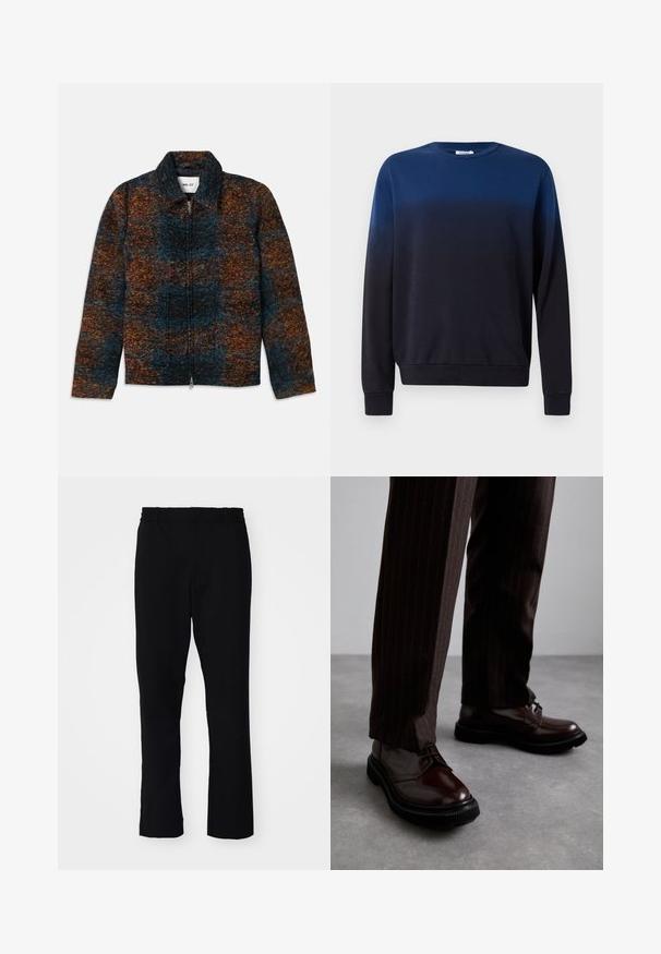 Villakankainen takki, jossa on kaulus, ja monivärinen kuvio tummansinisestä, oranssista ja ruskeasta. Edessä vetskari ja sivutaskut.; Sinine musta ülemineku värviga sweatshirt, ümmargune kaelus, pikad varrukad, pehme kangas, ribatud mansetid ja alläär, minimalistlik disain ilma mustrite või aksendita.; Mustat housut slim-fit-mallia. Niissä on joustava vyötärö ja suorat lahkeet, ja ne on valmistettu sileästä kankaasta, jossa on mattapinta.; Ruske nahkasaapad, joissa on kiiltävä pinta, musta kumipohja ja hienovarainen ompelu. Yhdistetty raitapolkkaisiin ruskeisiin housuihin.