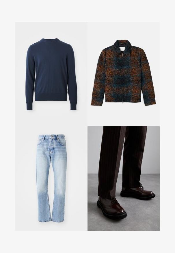 Kurtka z wełny z kołnierzem, z wielokolorowym wzorem w ciemnoniebieskim, pomarańczowym i brązowym odcieniu. Zamek błyskawiczny z przodu oraz kieszenie boczne.; Granatowy sweter z długim rękawem i okrągłym dekoltem, z ribbingu na mankietach i dolnym końcu, prezentowany na białym tle.; Jasnoniebieskie dżinsy o prostym kroju nogawki. Charakteryzują się pięcioma kieszeniami, zapinaniem na guzik i wyblakłym wykończeniem w dolnej części.; Brązowe skórzane buty sznurowane o błyszczącym wykończeniu, czarna gumowa podeszwa i subtelne przeszycia. Noszone z brązowymi spodniami w prążki.