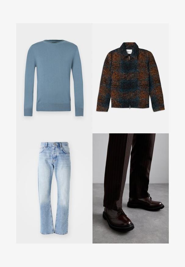 Wool blend jacket with a collar, featuring a multicolored pattern of dark blue, orange, and brown. Front zip closure and side pockets.; Light blue sweater made of smooth knit fabric with long sleeves, ribbed neckline, and hem. Features a simple design without patterns.; Light blue denim jeans with a straight-leg cut. Features a five-pocket design, button fly, and faded texture towards the bottom.; Brown leather lace-up shoes with a glossy finish, black rubber sole, and subtle stitching. Worn with pinstriped brown trousers.