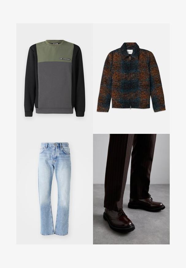 Giacca in misto lana con colletto, caratterizzata da un motivo multicolore in blu scuro, arancione e marrone. Chiusura frontale con zip e tasche laterali.; Felpa in colori a blocchi: parte superiore verde scuro, parte centrale grigia e parte inferiore nera. Presenta maniche lunghe e un collo a giro con dettagli del logo.; Jeans in denim blu chiaro con taglio dritto. Presentano un design a cinque tasche, apertura con bottone e una texture sbiadita verso il fondo.; Scarpe stringate in pelle marrone con finitura lucida, suola in gomma nera e cuciture sottili. Indossate con pantaloni marroni a righe.