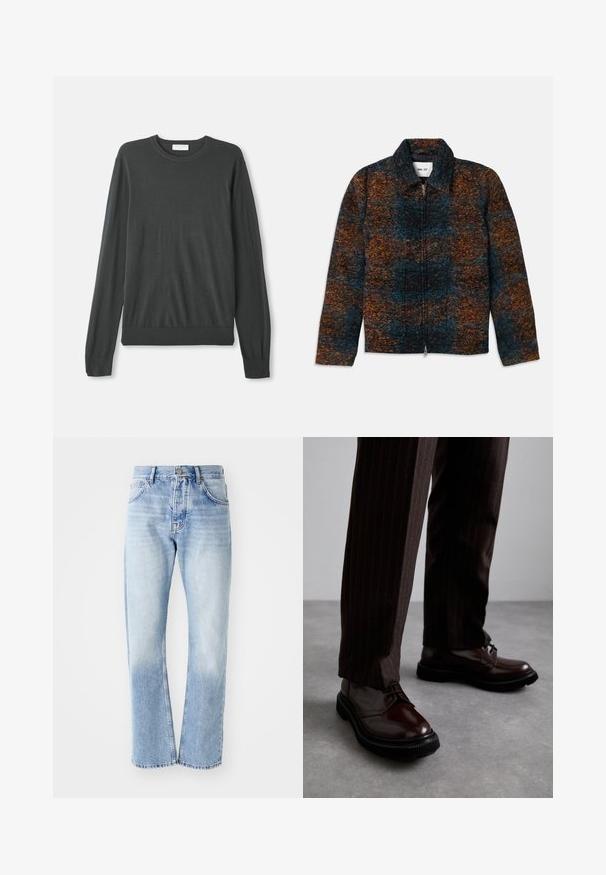 Giacca in misto lana con colletto, caratterizzata da un motivo multicolore in blu scuro, arancione e marrone. Chiusura frontale con zip e tasche laterali.; Maglione a maniche lunghe grigio scuro in maglia con scollatura rotonda, polsini attillati e orlo a coste. Tessuto liscio senza motivi o decorazioni visibili.; Jeans in denim blu chiaro con taglio dritto. Presentano un design a cinque tasche, apertura con bottone e una texture sbiadita verso il fondo.; Scarpe stringate in pelle marrone con finitura lucida, suola in gomma nera e cuciture sottili. Indossate con pantaloni marroni a righe.