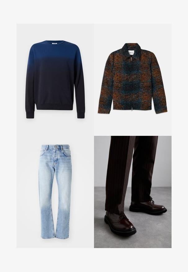 Jakna iz volnenega mešanega materiala s ovratnikom, ki se ponaša z večbarvnim vzorcem temno modre, oranžne in rjave barve. Ima sprednje zadrgo in stranske žepke.; Blušasta prelivna trenerka od modre do črne barve, okroglo izrezan ovratnik, dolgi rokavi, mehak material, rebrasti manšeti in rob, minimalistična zasnova brez vzorcev ali dodatkov.; Svijetloplavi traperice s ravnim nogavicama. Sadrže dizajn s pet džepova, patentni zatvarač i izbjeljenu teksturu prema dnu.; Bordeaux usnjeni čevlji na vezanje z leskom, črnim gumijastim podplatom in diskretno šivanjem. Nosi se z rjavo prugastimi hlačami.