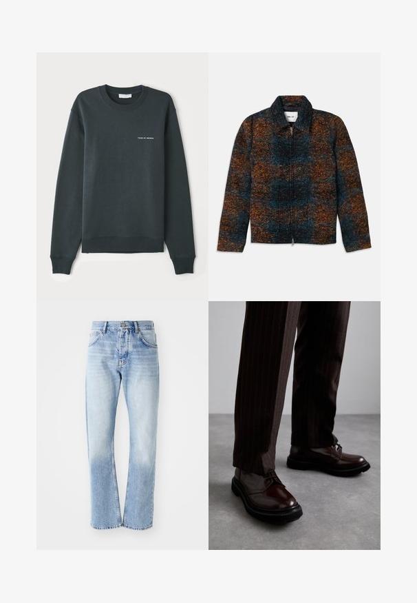 Jakna od vune s ovratnikom, koja ima višebojni uzorak tamnoplave, narančaste i smeđe boje. Prednje zatvaranje na patentni zatvarač i bočne džepove.; Tamnozeleni dukserica, okrugli izrez, dugi rukavi, rebrasti manžeti i porub, sa belim natpisom "TIGER OF SWEDEN" na grudima.; Svijetloplave traperice ravnog kroja. Imaju dizajn s pet džepova, dugmasti patent zatvarač i izblijedjelu teksturu prema dnu.; Smeđe kožne cipele s vezicama i sjajnim finišom, crna gumena potplata i suptilno šivanje. Nosene s smešanim smešnim smeškom smešnim smeškom.