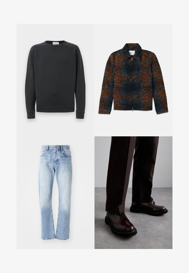 Gyapjú keverék zakó gallérral, sötétkék, narancs és barna színekből álló, multicolor mintával. Elöl cipzáras zárás és oldalsó zsebek.; Fekete, hosszú ujjú, crewneck pulóver bordás mandzsettákkal és alsó szegéllyel, finom V-öltés részlettel a gallér alatt, valamint az márkajelzés a nyakvonalon belül.; Világoskék farmernadrág egyenes szára. Öt zsebbel, gombos záródással és a szár alján halványos textúrával rendelkezik.; Barna bőrből készült, fényezett felületű, fűzős cipők, fekete gumitalppal és diszkrét varrásokkal. Csíkos barna nadrággal viselve.