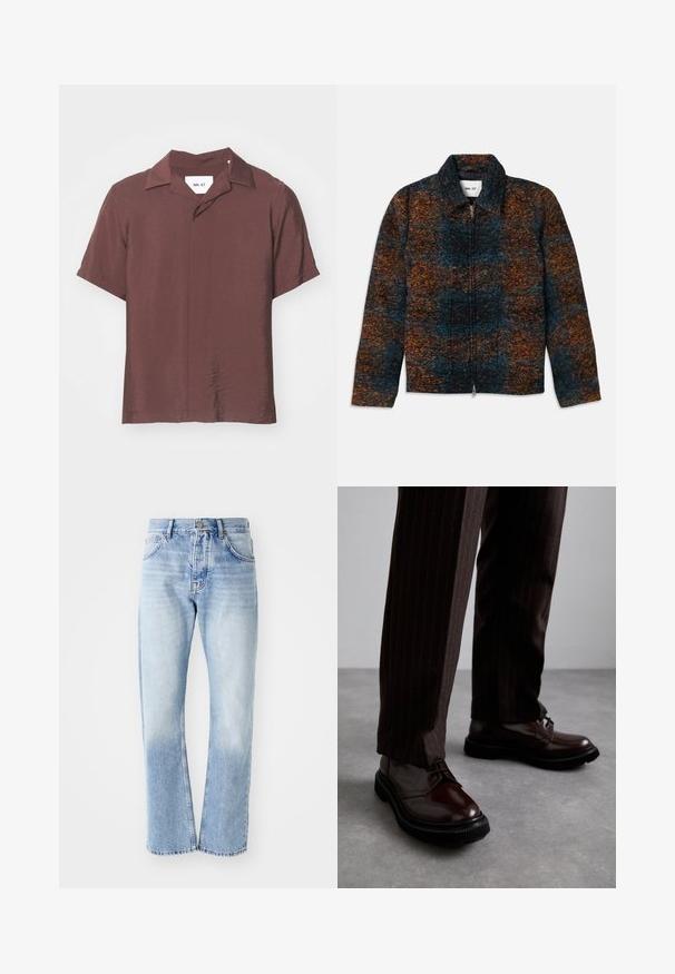 Wollmischung Jacke mit Kragen, ausgestattet mit einem mehrfarbigen Muster in Dunkelblau, Orange und Braun. Vorderer Reißverschluss und Seitentaschen.; Kurzärmliges, kragenloses Hemd in einem tiefen Burgunderrot. Strukturierter, leichter Stoff mit lockerer Passform und subtilem Glanz. Etikett sichtbar.; Helle blaue Jeans mit geradem Schnitt. Verfügt über ein Fünf-Taschen-Design, einen Knopfverschluss und eine ausgewaschene Textur zum unteren Bereich hin.; Braune Leder Schnürschuhe mit glänzender Oberfläche, schwarzer Gummisohle und dezenten Nähten. Getragen mit braunen Angabenhosen mit Nadelstreifen.