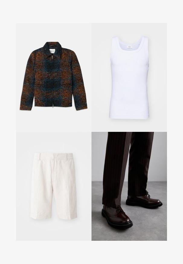 Chaqueta de mezcla de lana con cuello, presenta un patrón multicolor en azul oscuro, naranja y marrón. Cierre frontal con cremallera y bolsillos laterales.; Camiseta sin mangas de algodón blanca con escote redondo, que presenta una textura suave y una forma ajustada, diseñada para el uso casual.; Pantalones cortos de lino en beige claro con cinturilla elástica, bolsillos laterales y corte recto. Textura suave con costuras mínimas visibles.; Zapatos de cuero marrón con cordones y un acabado brillante, suela de goma negra y costuras sutiles. Llevados con pantalones marrón de rayas.