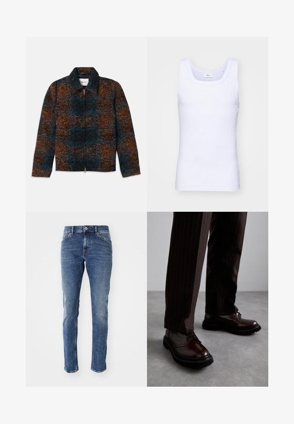 Jakna od vune s ovratnikom, koja ima višebojni uzorak tamnoplave, narančaste i smeđe boje. Prednje zatvaranje na patentni zatvarač i bočne džepove.; Bijela pamučna bezrukavna majica s okruglim izrezom, s glatkom teksturom i prilagođenim oblikom, dizajnirana za ležerno nošenje.; Tamno plave traperice ravnog kroja, s izbljeđenim detaljima, dizajnom s pet džepova i srebrnim metalnim dijelovima na pojasu.; Smeđe kožne cipele s vezicama i sjajnim finišom, crna gumena potplata i suptilno šivanje. Nosene s smešanim smešnim smeškom smešnim smeškom.