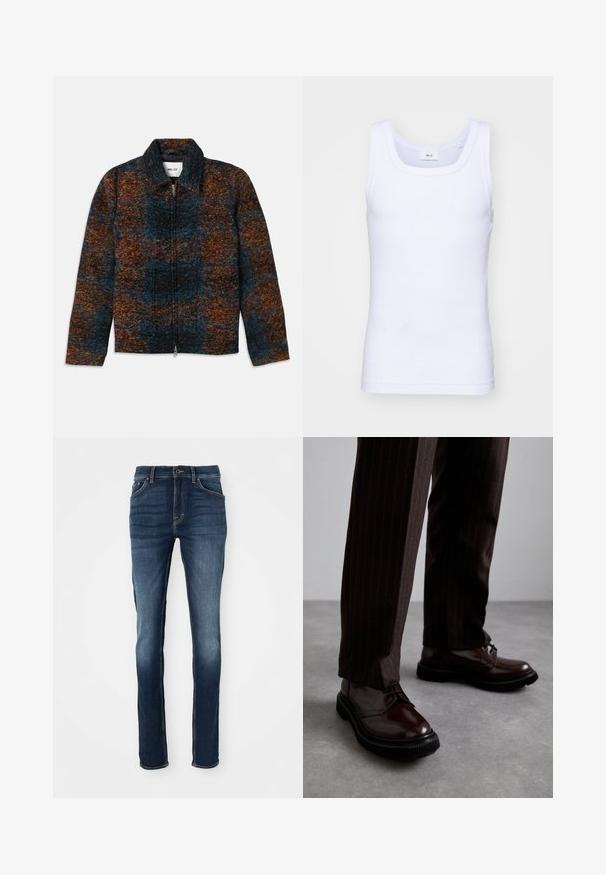 Jakna iz volnenega mešanega materiala s ovratnikom, ki se ponaša z večbarvnim vzorcem temno modre, oranžne in rjave barve. Ima sprednje zadrgo in stranske žepke.; Bela bombažna brezrokavna majica s krošnjo, ki ima gladko teksturo in prilegajočo obliko, zasnovana za sproščeno nošenje.; TemnoModre kavbojke z ožjim krojem, ki imajo pet žepov, zlatimi šivi in rahlo zbledelim sprednjim delom za sproščen videz.; Bordeaux usnjeni čevlji na vezanje z leskom, črnim gumijastim podplatom in diskretno šivanjem. Nosi se z rjavo prugastimi hlačami.