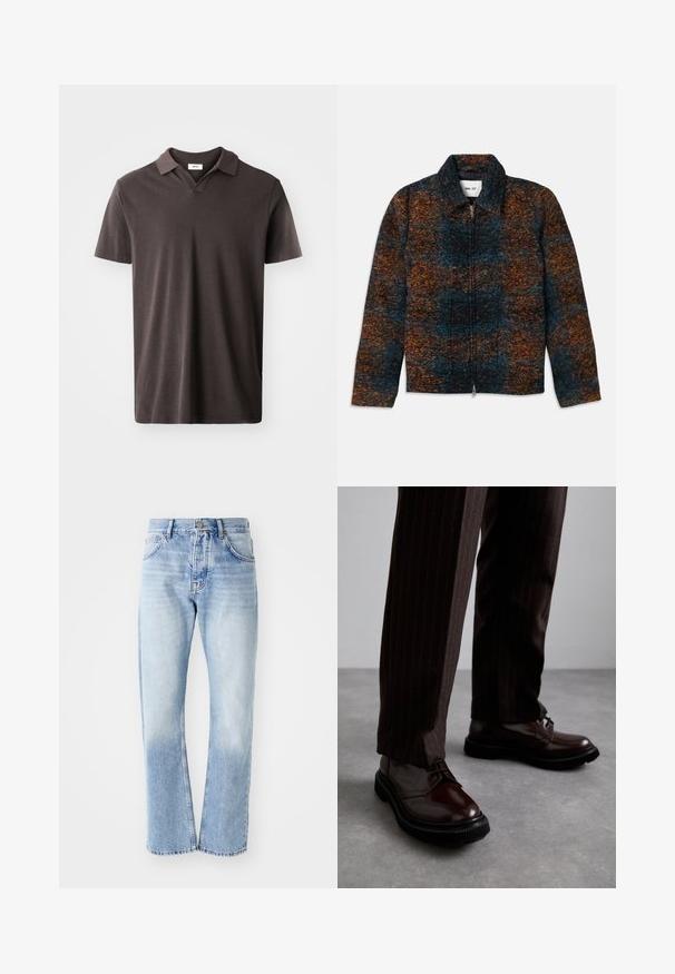 Wool blend jacket with a collar, featuring a multicolored pattern of dark blue, orange, and brown. Front zip closure and side pockets.; Dark brown short-sleeve polo shirt featuring a classic collar and a subtle textured fabric, with a straight hem and minimalistic design.; Light blue denim jeans with a straight-leg cut. Features a five-pocket design, button fly, and faded texture towards the bottom.; Brown leather lace-up shoes with a glossy finish, black rubber sole, and subtle stitching. Worn with pinstriped brown trousers.