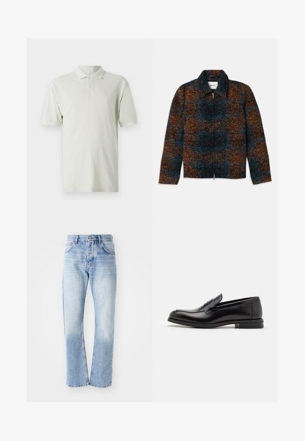 Villakankainen takki, jossa on kaulus, ja monivärinen kuvio tummansinisestä, oranssista ja ruskeasta. Edessä vetskari ja sivutaskut.; Vaaleanbeige polo-paita, jossa on lyhyet hihat, klassinen kaulus ja kolmesta napista koostuva avaus. Hienovarainen logo brodeerattuna rintaan. Venytettävä puuvillakangas.; Vaanit vaaleansinisistä farkuista, joissa on suora lahje. Varustettu viiden taskun suunnittelulla, nappisuljenta ja haalistunut pinta alareunassa.; Mustat nahkakengät, joissa on sileä pinta, pyöreä kärki ja koristeellinen nauha jalkapöydän yli. Matala pinoitu koroke, minimalistinen muotoilu.