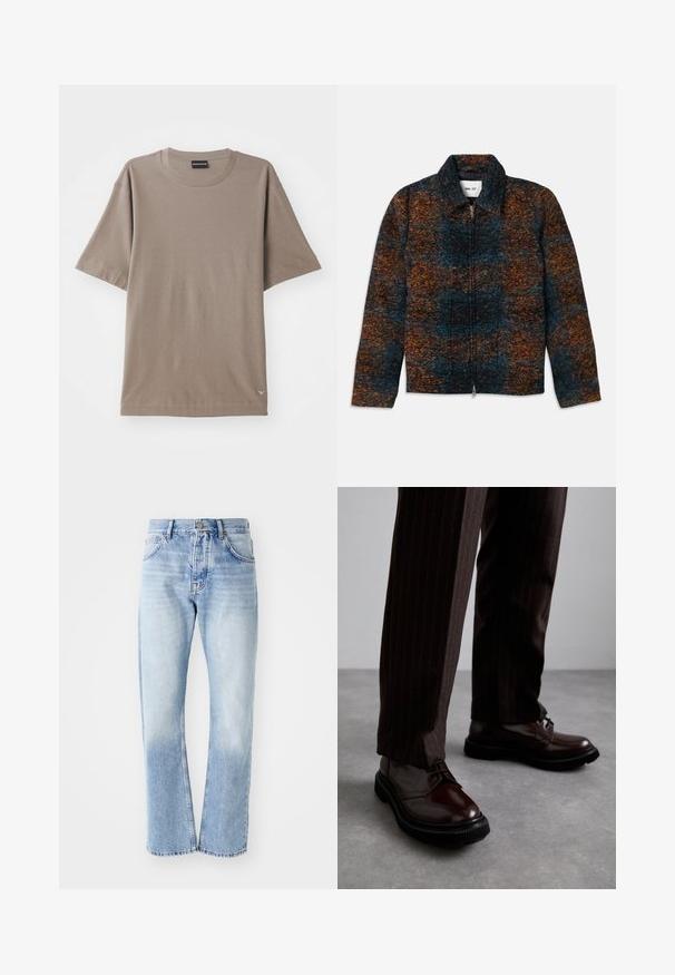 Wool blend jacket with a collar, featuring a multicolored pattern of dark blue, orange, and brown. Front zip closure and side pockets.; Brown short-sleeve t-shirt with a crew neck design, featuring a subtle textured pattern and a small logo tag on the lower left side.; Light blue denim jeans with a straight-leg cut. Features a five-pocket design, button fly, and faded texture towards the bottom.; Brown leather lace-up shoes with a glossy finish, black rubber sole, and subtle stitching. Worn with pinstriped brown trousers.