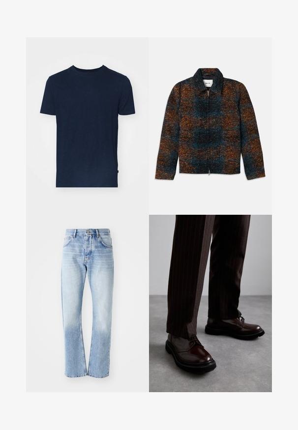 Ullblandad jacka med krage, med ett flerfärgat mönster av mörkblått, orange och brunt. Fram zip-stängning och sidofickor.; Marinfärgad t-shirt tillverkad av mjukt tyg, med rund halsringning och korta ärmar, i avslappnad passform utan synliga mönster eller detaljer.; Ljusblå denimjeans med rak benform. Har en femficksdesign, knappgylf och blekt utseende mot botten.; Bruna läder snörskor med en glänsande yta, svart gummisula och subtila sömmar. Matchas med bruna byxor med ränder.