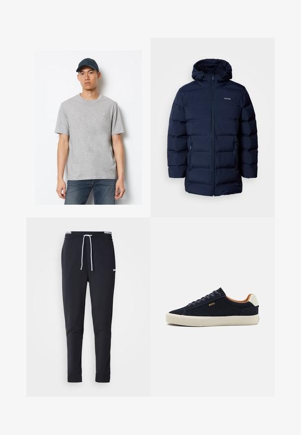 Mørkeblå polstret jakke med hætte, med frontlynlås, elastiske manchetter og to sidelommer. Stoffet har en glat tekstur.; Grå bomulds T-shirt med korte ærmer og rund hals, parret med mørkeblå jeans og en matchende kasket med et logo på forsiden.; Sorte slim-fit joggingbukser med hvid snor, elastisk talje med hvide striber og lille hvidt logo på den øverste lår.; Mørkeblå ruskinds lavtoppede sneakers med beige sål, kontrastfyldt tan-intern og logo-detalje på den udvendige side. Funktioner rundsnøre og en glat tekstur.