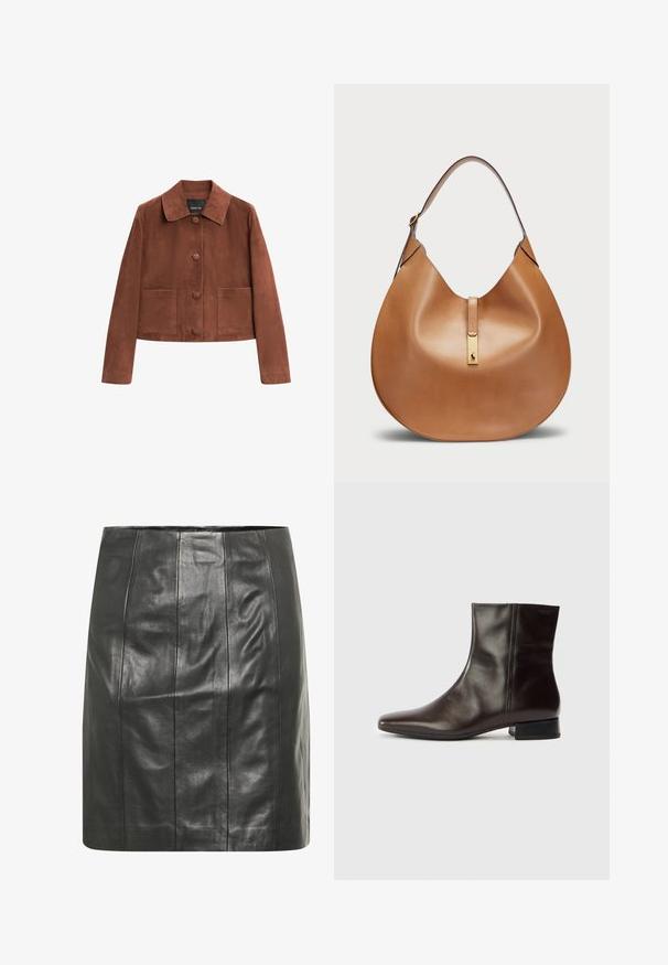 Braune Wildleder-Cropped-Jacke mit einem Kragen, drei vorderen Knöpfen und zwei großen Taschen. Glatte Textur und einfaches Design.; Dunkelbraunes Knopfhemd aus glattem Material mit spitzem Kragen, langen Ärmeln und abgerundetem Saum. Verfügt über einen dezenten Glanz.; Schwarzer Lederrock mit einer figurbetonten Silhouette, der vertikale Nähte für zusätzliche Textur und ein glattes Finish aufweist.; Brauner Leder-Stiefelette mit spitz zulaufender Zehe, glatter Textur, mittelhohem Absatz und schlichtem Design. Minimalistischer Stil ohne Verzierungen.; Taschenhandtasche aus braunem Leder mit geschwungener Form und breitem Schultergurt. Sie verfügt über einen goldenen Metallakzent in der Mitte und eine glatte Textur.