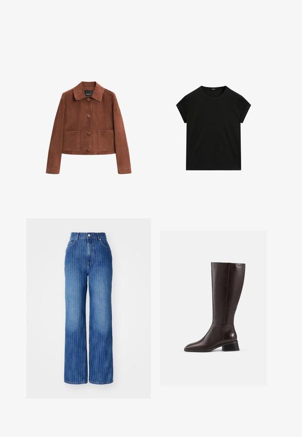 Brązowa zamszowa kurtka o cropped, z kołnierzem, trzema guzikami z przodu i dwiema dużymi kieszeniami. Gładka tekstura i prosty design.; Czarna, krótka koszulka z okrągłym dekoltem i prostym dołem, wyeksponowana na płasko na białym tle.; Niebieskie dżinsowe spodnie o szerokich nogawkach z pionowymi białymi paskami, wysoki stan i pięć kieszeni, z zapięciem na guzik i suwak.; Kozaki skórzane w kolorze brązowym, sięgające do kolan, z gładkim wykończeniem, zaokrąglonym noskiem i czarnym, podwyższonym obcasem. Prosty design z minimalną ilością detali metalowych.