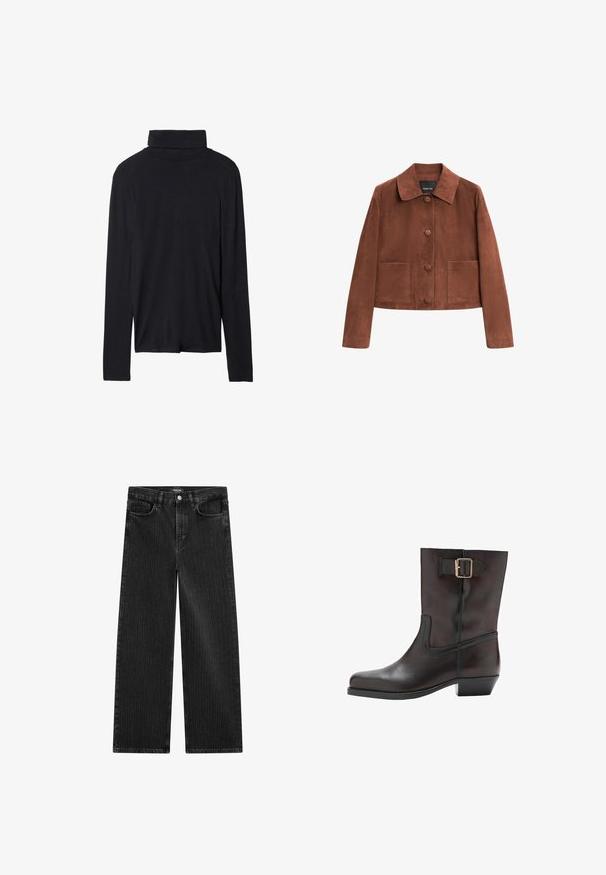 Braune Wildleder-Cropped-Jacke mit einem Kragen, drei vorderen Knöpfen und zwei großen Taschen. Glatte Textur und einfaches Design.; Schwarzes Langarm-Thermo-Oberteil mit taillierter Passform, glatter Textur und hohem Kragen, mit abgesteppten Säumen und ohne sichtbare Muster.; Weite schwarze Denim-Jeans mit feinem vertikalen Streifenmuster, ausgestattet mit einem Fünf-Taschen-Design und einem klassischen Knopfverschluss an der Taille.; Schwarze Leder-Stiefelette mit abgerundeter Spitze, niedrigem Blockabsatz, elastischem Seiteneinsatz und goldener Schnallenakzent am Knöchelriemen.