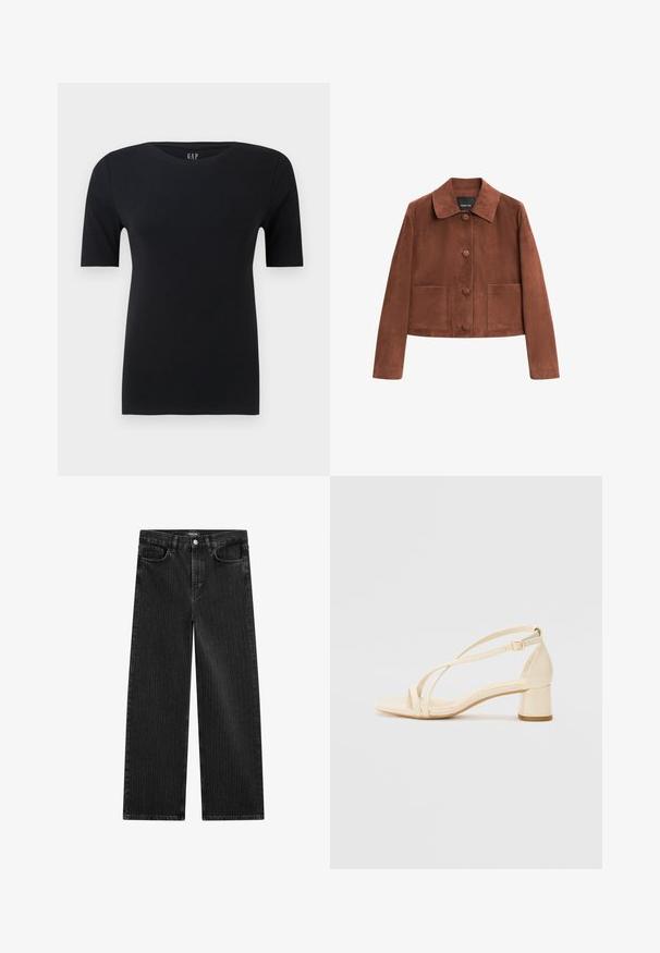 Braune Wildleder-Cropped-Jacke mit einem Kragen, drei vorderen Knöpfen und zwei großen Taschen. Glatte Textur und einfaches Design.; Schwarzes kurzärmliges T-Shirt aus weicher Baumwolle, mit rundem Halsausschnitt und lässiger Passform, mit minimalen Nähten und ohne sichtbare Muster.; Weite schwarze Denim-Jeans mit feinem vertikalen Streifenmuster, ausgestattet mit einem Fünf-Taschen-Design und einem klassischen Knopfverschluss an der Taille.; Beige Sandalen mit Absatz, Blockabsatz, Riemchen-Design und verstellbarem Knöchelriemen, aus glattem synthetischem Material mit matter Oberfläche.