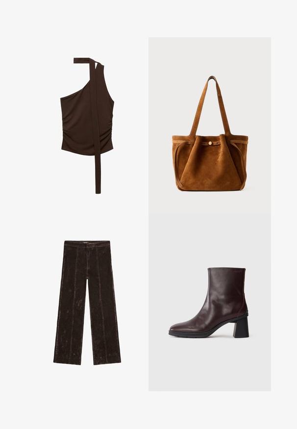 Brown suede cropped jacket with a collar, three front buttons, and two large pockets. Smooth texture and simple design.; Brown, one-shoulder top made of soft fabric, featuring a draped design, side ruching, and a long strap extending from the shoulder.; Wide-leg trousers in dark brown, featuring a suede-like texture, vertical stitching details, and an elastic waistband for comfort.; Dark brown leather ankle boot with a block heel and round toe, displayed on a plain light gray background.; Brown suede tote bag with dual handles, a button closure strap, and a relaxed, slightly slouchy shape.; Brown leather gloves with a smooth texture, featuring five fingers, elastic wrist, and decorative stitching along the edge.
