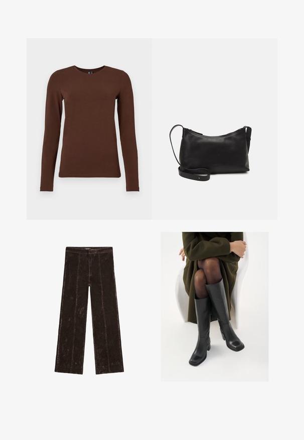 Brun mockaklädselkort jacka med krage, tre framknappar och två stora fickor. Slät textur och enkel design.; Långärmad brun bomullströja med rund halsringning. Slät textur och figurnära passform med minimala sömmar och inga mönster eller dekorationer.; Vidbyxlade byxor i mörkbrun, med beskedlig känsla av mocka, vertikala sömmar och ett elastiskt midjeband för komfort.; Knähöga svarta läderstövlar med fyrkantig tå och klack i blockmodell, visade med en modell sittande i en olivgrön kappa. Slät textur, minimal detaljering.; Svart läder axelväska med en slät yta, rundad form, justerbar rem och dragkedjestängning. Minimalistisk design utan utsmyckningar.